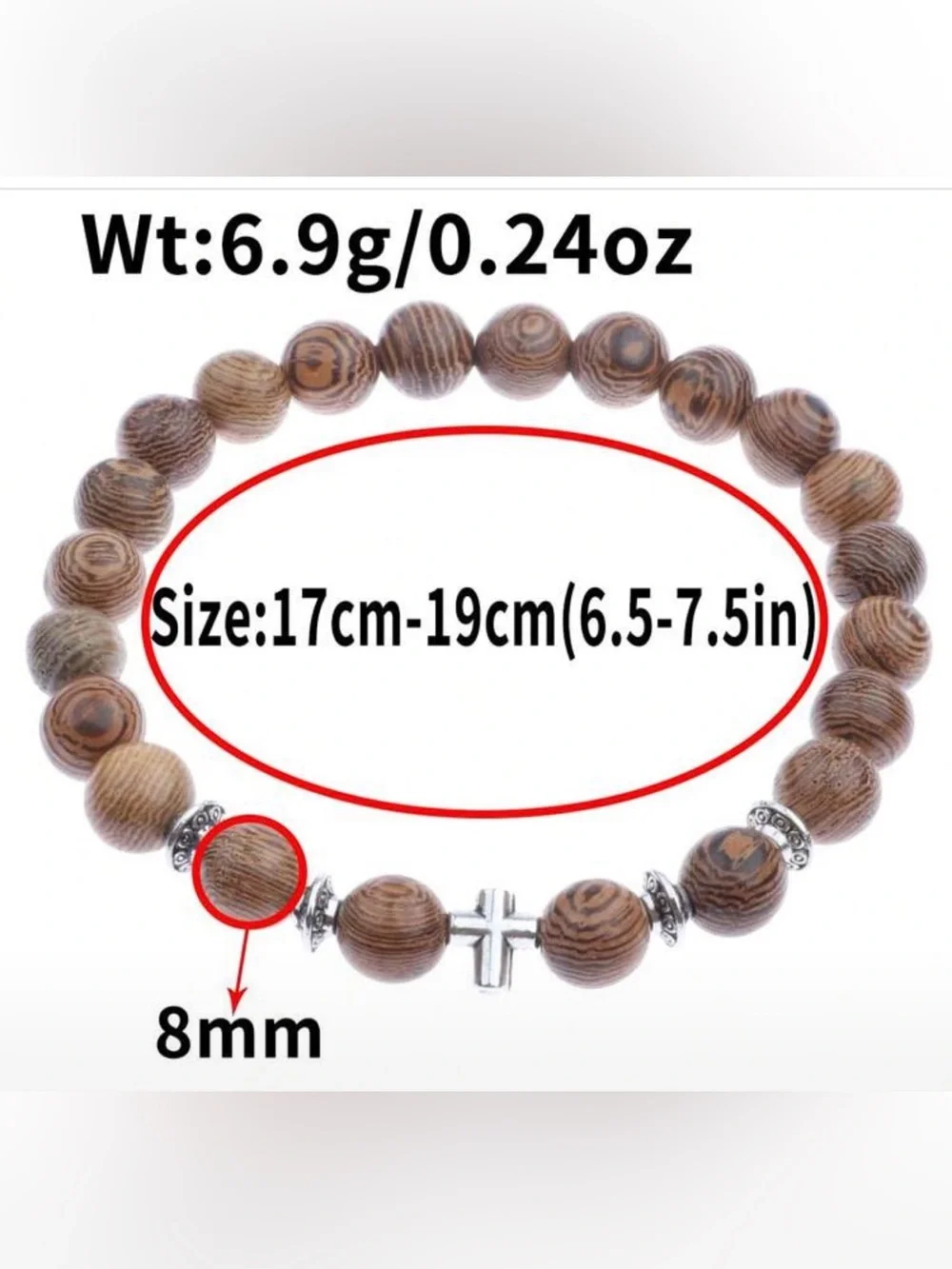 Men's Brown Wood Bead Bracelet with Silver Cross